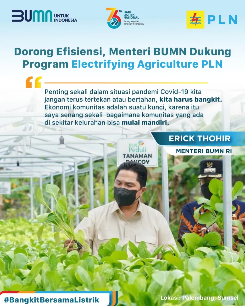 Dorong Efisiensi, Menteri BUMN Dukung Program Electrifying Agriculture PLN